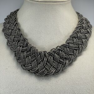 Silver Seed Bead Braided Collar Statement Necklace Silver Tone Boho Fashion
